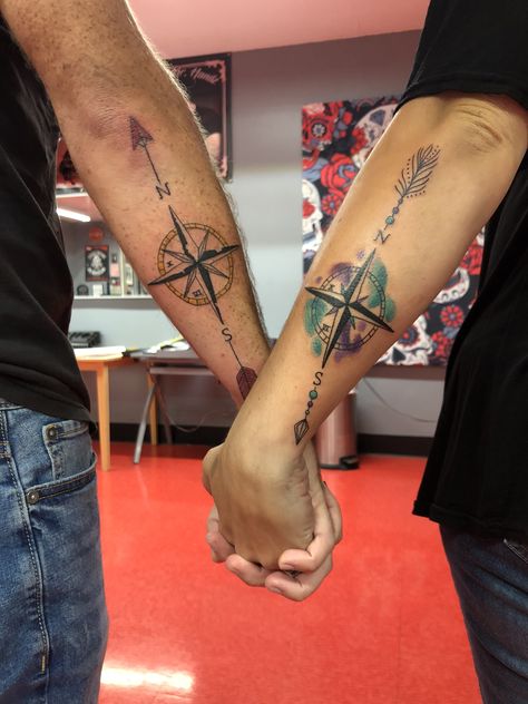 Husband And Wife Family Tattoos, Correlating Couple Tattoos, Outdoor Matching Tattoos, True North Couple Tattoo, Husband And Wife Tattoos Unique Country, Anchor And Compass Tattoo Couples, Matching Compass Tattoos Couples, Compass Matching Tattoo, Couples Compass Tattoo