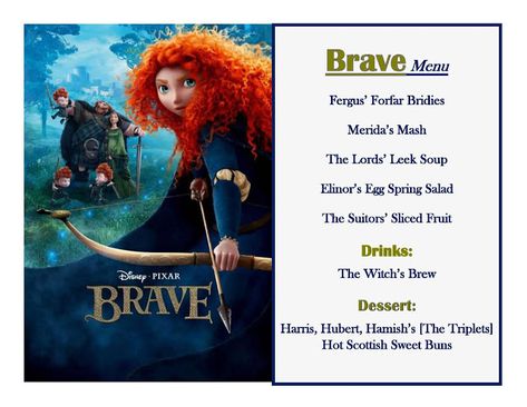 DISNEY MEAL #132 - BRAVE! Has link to pictures of How the Meal Came Together & The Treat! Happiest Memories On Earth - is an awesome blog that has SO MANY Disney Meal Ideas and MORE!! Disney Movie Themed Dinner, Movie Themed Dinner, Family Movie Night Themes, Disney Movie Night Menu, Disney Meals, Disney Date Night, Disney Themed Movie Night, Disney Movie Night Food, Themed Movie Night