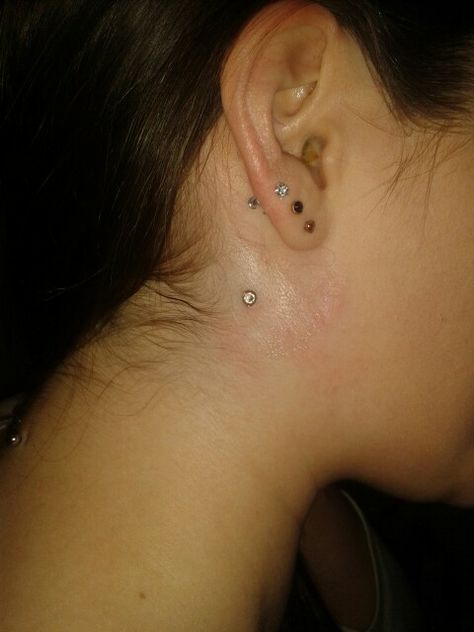 My dermal behind the ear Dermal Piercing Behind Ear, Collarbone Dermal, Back Dermal Piercing With Tattoo, Dermal Piercing And Tattoo, Dermal Punch Ear, Sternum Piercing Surface Dermal Anchor, Dermal Piercing, Ear Tattoo, Behind Ear Tattoo