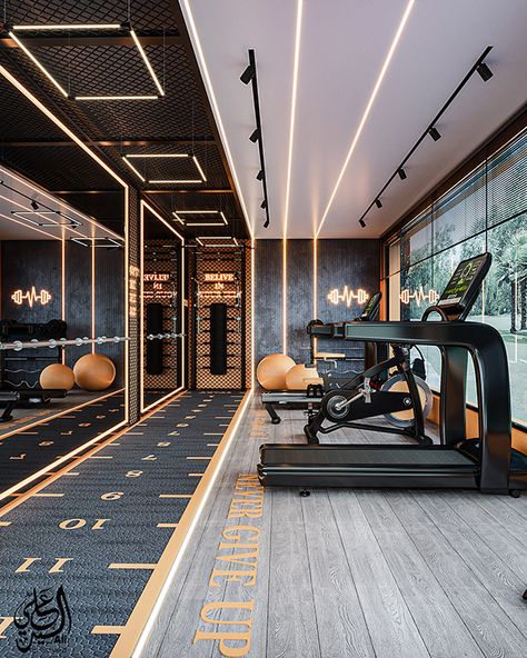 home gym on Behance Fitness Room Design Home, Luxury Home Gym Mansions, Home Studio Gym, House Gym Room Luxury, Gym Interiors Modern, Gym Place Interior Design, Fancy Gym Design, Aesthetic Home Gym Room, Aesthetic Gym Interior