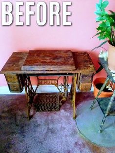 I love how it turned out! Old Sewing Tables, Upcycle Chair, Vintage Singer Sewing Machine, Old Sewing Machine, Sewing Machine Cabinet, Sewing Machine Table, Treadle Sewing Machines, Antique Sewing Table, Vintage Singer