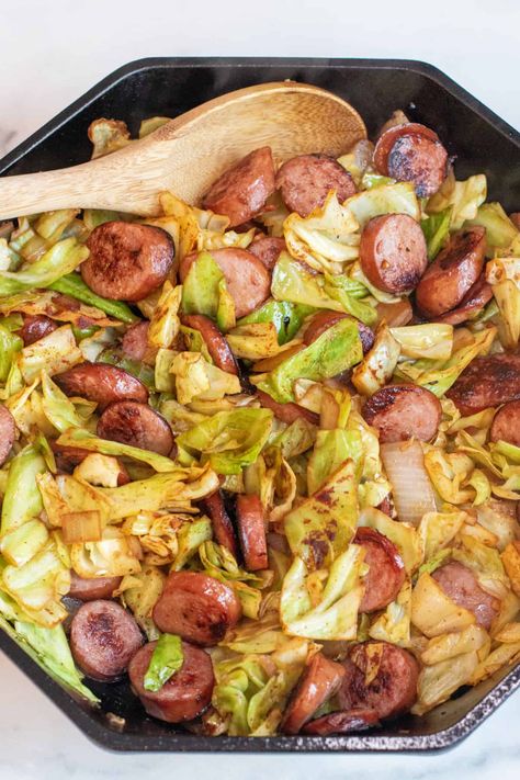 A classic Polish dish! This One Pan Cabbage and Kielbasa is a perfect quick and easy weeknight meal and can be ready and on the table in just 30 minutes! #cabbageandkielbasa #recipe #skillet #onepan #keto Keto Sausage And Cabbage, Alfredo Crockpot, Sausage And Cabbage Skillet, Sausage And Cabbage, Fried Cabbage With Sausage, Cabbage Skillet, Keto Cabbage, Sausage Alfredo, Fried Cabbage Recipes