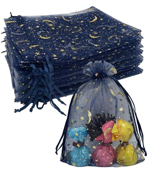 PRICES MAY VARY. ⭐Star & Moon design -- These organza bags 4x6 inch navy blue are printed with moon satr pattern,very beautifu and special. The material is handmade of high quality organza,the drawstring is satin,will be more durable than gold.easy to pull and close even if the kids. 🌙 Package includes: 100 Pieces mesh drawstring gift bags with moon and star print.Size: Approx. 4 x 6 inches (W x L)/10 * 15 cm((L x W)(handmade and manual measurement with ±0.2” error) ⭐Mesh Gift Bags--these draws Galaxy Wedding Favors, Under The Stars Party Ideas, Astrology Party Favors, Starry Night Bridal Shower Theme, Gifts Bags, Galaxy Bridal Shower Ideas, Celestial Dessert Table, Star Themed Centerpieces, Sun And Moon Theme Party