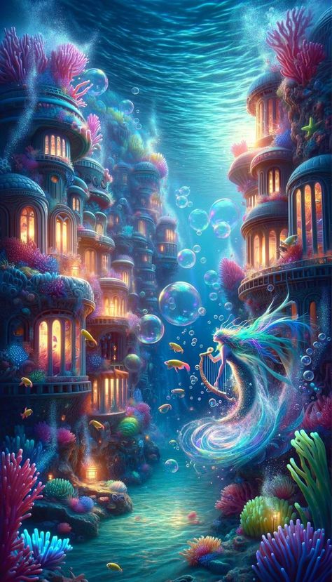 Lock Screen Wallpaper Underwater City Fantasy Art, Underwater Castle, Magical Underwater, Underwater House, Sunken City, Mermaid Artwork, Screen Wallpapers, Mermaid Wallpapers, Underwater Painting