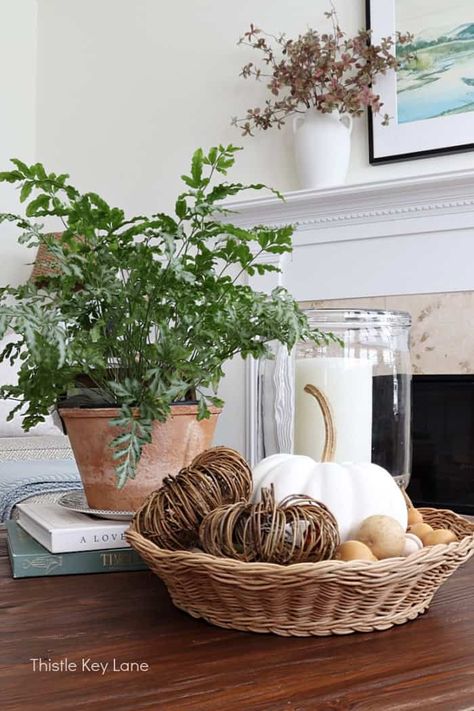 Cottage Styling Fall Home Tour - Thistle Key Lane Cottage Entry, Muted Fall Colors, Mini Pine Cones, Simple Cottage, Fall Vignettes, Fall Entryway, Fall Home Tour, Faux Leaf, Wicker Tray