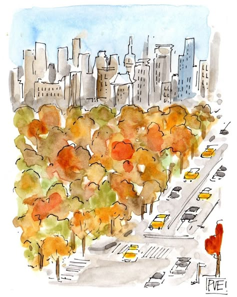 Fall In The City, Nyc Autumn, New York Drawing, New York Illustration, Fall In Nyc, Fall Drawings, Watercolor Art Landscape, Watercolor City, Happy November