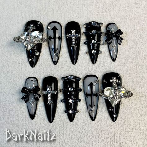 Custom Black Crosses Press On Nails, Gothic Punk Rock Nails, Ribbons Goth Dark Y2K Jesus Christ Press On Nails bring a touch of nostalgia and futuristic style to your fingertips. With a wide range of colors, designs, and finishes, these press on nails allow you to express your individuality and stay on top of the latest trends. Whether you prefer bold and vibrant shades or subtle and sophisticated designs, DarkNailz press on nails offer endless possibilities for creating your desired look. [PLEA Black Alternative Nails, Goth Y2k Nails, Gothic Nails Square, Black Cross Nails, Black Emo Nails, Dark Colored Nails, Dark Aesthetic Nails, Black Nails Inspiration, Punk Rock Nails