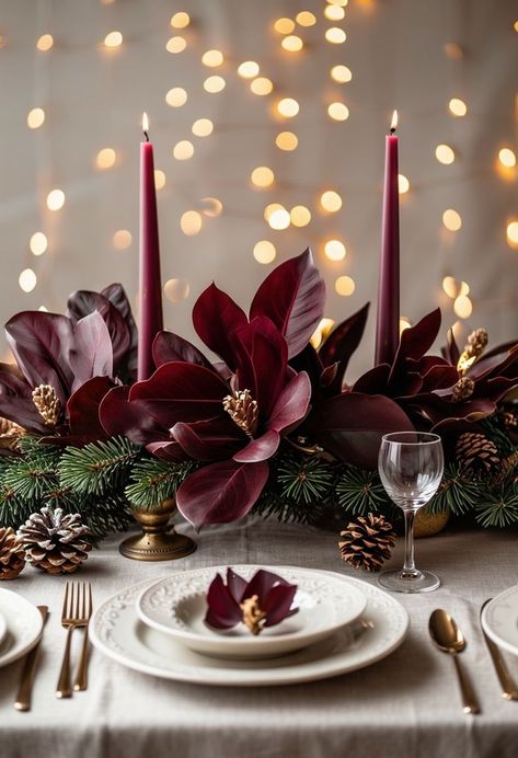 20 Burgundy Christmas Decor Ideas – ToolzView Modern Holiday Centerpieces For Tables, Burgundy Christmas Tablescape, Burgundy Tablescape, Holiday Centerpieces For Tables, Magnolia Leaves Centerpiece, Simple Tablescapes, Burgundy Christmas Decor, Burgundy Candles, Silver Tree Topper