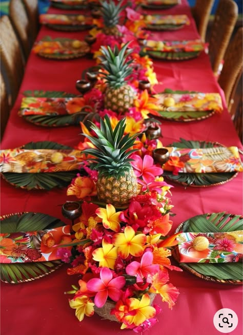 Hawaiian Table Setting, Luau Table Setting, Luau Table Decorations, Luau Centerpieces, Grad Dinner, Hawaiian Dinner, Island Night, Pineapple Centerpiece, Tropical Table