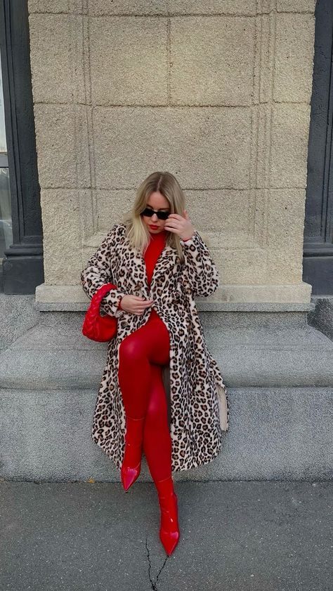 All Red Winter Outfit, Animal Print And Red Outfit, Colored Tights Outfit, Leopard Print Outfits, Red Tights, Leopard Coat, Stylish Work Attire, Animal Print Fashion, Trendy Fall Outfits