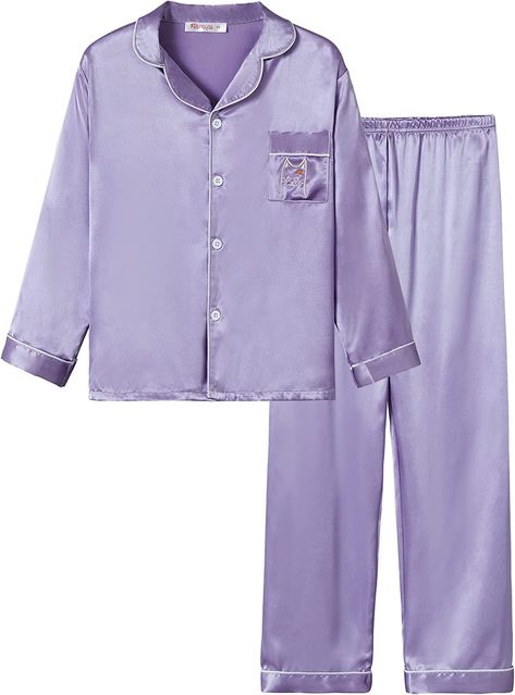 Amazon.com: Satin Pajamas for Girls – Coat Style Unicorn Long Sleeve Silk Button Down PJ Set Size 6-16: Clothing, Shoes & Jewelry Purple Pjs, Pajamas For Girls, Purple Pajamas, Silk Pjs, Girls Pjs, Dr Closet, Silky Pajamas, Pajama Day, White Pajamas