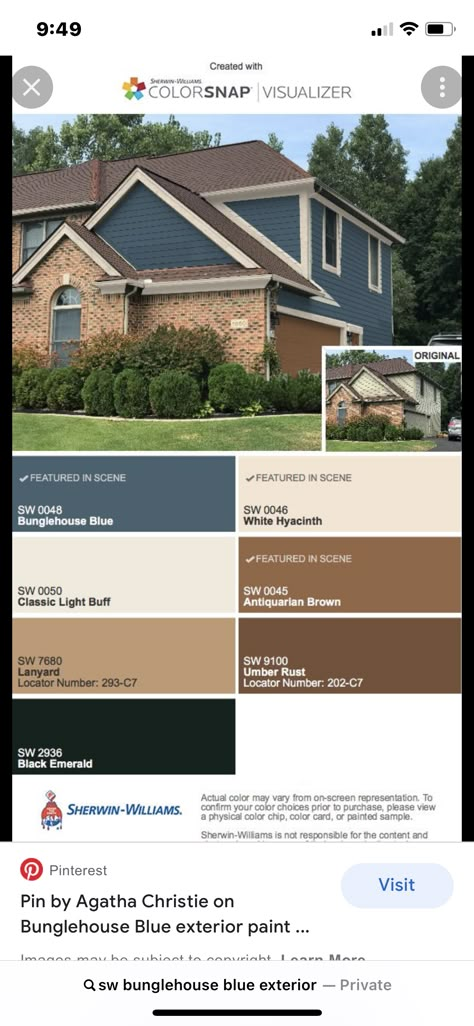 Brick House With Blue Trim, Brown And Blue House Exterior, Blue House Brown Trim, Blue House Brown Roof, Bunglehouse Blue Sherwin Williams, Blue Brick House Exterior, Vinyl Siding Paint, Brick Bungalow Exterior, Brown Exterior House Colors