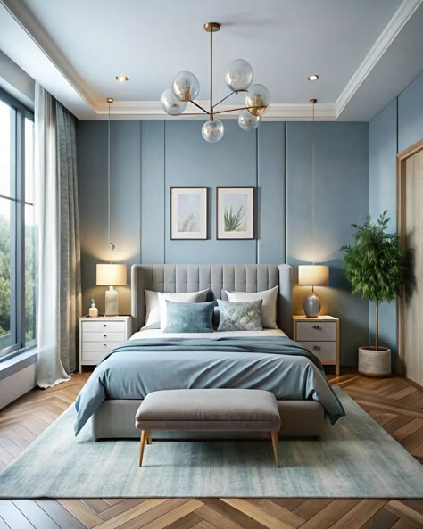 Modern bedroom design with soft blue colors #softblue #softcolors #interiordesign #homedecor #modernhouse #interiordesignideas Color Palette Bedroom Blue, Bedroom Light Color Ideas, Bedroom Color Psychology, Blue And Purple Bedroom Decor, Blue Bedroom Colour Schemes, Blue Wall Room Ideas Bedrooms, Blue Theme Bedroom, Blue Hues Bedroom, Colour Schemes Bedroom