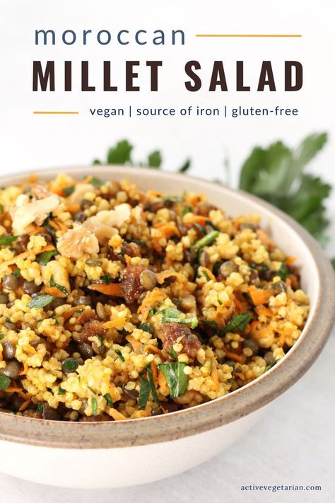 An easy weeknight dinner and/or meal prep recipe, this simple yet flavourful gluten-free dish is perfect! Moroccan Millet Salad is delicious on its own as a complete meal or served as a side with other dishes. The possibilities are endless! #glutenfree #vegan #richiniron #highprotein #plantbased #veganprotein #veganrecipe #vegandinner Millet Dinner Recipes, Millet Recipes Side Dishes, Millet Bowl Recipe, Millet Rice Recipe, Sorghum Recipes Dinners, Moroccan Vegan, Millet Dishes, Aryuvedic Recipes, Millet Salad