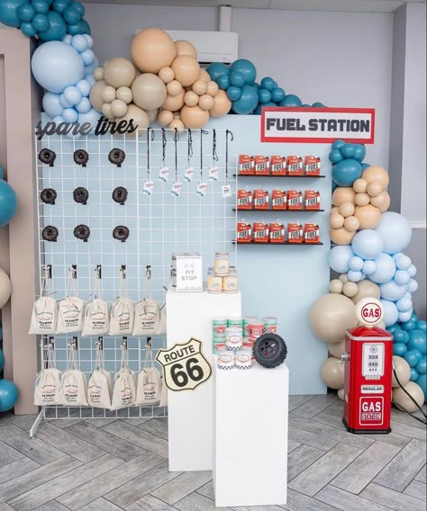 Fuel Up Station Party, First Lap Car Birthday, 2 Fast Birthday Party Blue, First Birthday Party Car Theme, Garage Theme Birthday Party, Car Themed One Year Old Birthday, 2 Fast Birthday Party Favors, Two Fast Table Decor Birthday, Fast One Birthday Backdrop