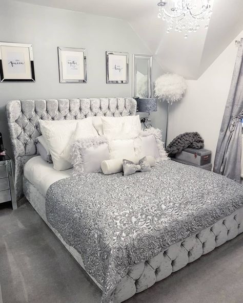 Grey And Silver Bedroom Ideas, Silver Bedroom Ideas, Grey And Silver Bedroom, Classy Rooms, Silver Bedroom, Grey Bedroom Decor, Frame Bed, Girl Bedrooms, Luxury Room Bedroom