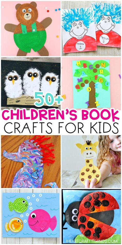 Check out this amazing list of over 50 children's book inspired crafts for kids. Great book crafts for preschool and early elementary age children. #iheartcraftythings Preschool Story Time Activities, Read Alouds With Crafts, Pre K Book And Craft, Kindergarten Educational Crafts, Book Crafts For Kindergarten, Preschool Reading Crafts, Early Preschool Crafts, Kindergarten Crafts That Go With Books, Kindergarten Art Lessons With Books