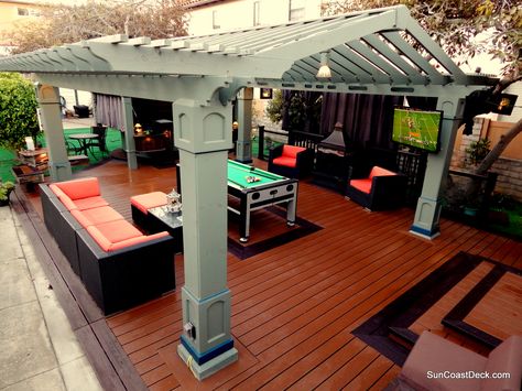 Outdoor room: Original Design Pergola, Spa, Fireplace, Pool Table, TV, Trex King Columns, Trex Planters, New Trex Select decking. Redondo Beach,Ca. Backyard Pool Table, Spa Fireplace, Patio Tv, Outdoor Pool Table, Backyard Layout, Men Cave, Cheap Pergola, Pergola Swing, Pergola Ideas