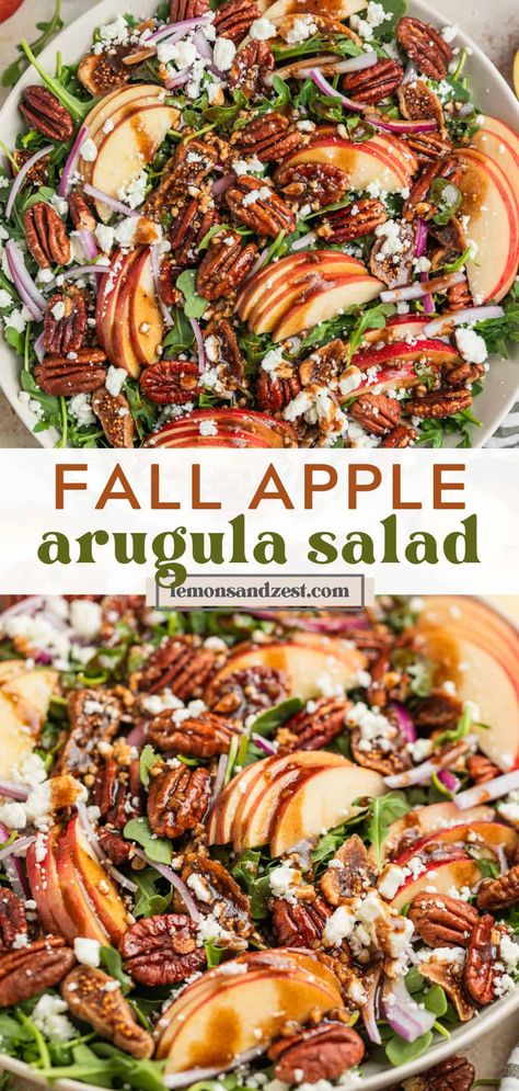 This Apple Arugula Salad recipe is loaded with crunchy roasted maple pecans, sliced apples, goat cheese crumbles, figs and a balsamic dressing to pull it all together. This is the perfect fall salad to celebrate apple season and more. Comes together in just 20 minutes and complements so many dishes or easily a full meal with added protein! Roasted Apple Salad, Light Fall Salad, Arugula Salad Fall, Friendsgiving Dishes To Bring, Fall Salad With Goat Cheese, Apple Pecan Salad Recipes, Fall Harvest Salad Recipes, Apple Fall Salad, Simple Fall Salad Recipes