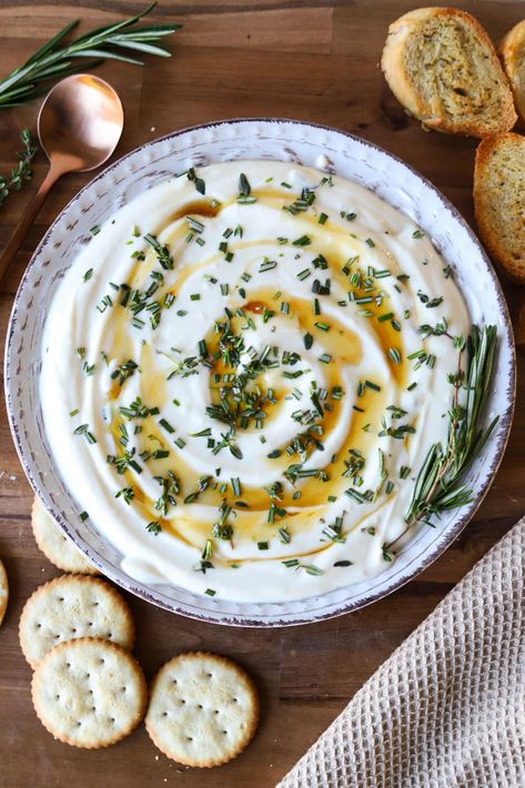 Easy creamy whipped ricotta dip topped with fresh rosemary and thyme, perfect for dipping crackers or crusty bread. Ricotta Dip With Honey, Ricotta Dip Recipes, Whipped Ricotta Dip, Easy Holiday Appetizers, Vegetarian Dip, Ricotta Dip, Big Snacks, Pesto Dip, Whipped Ricotta