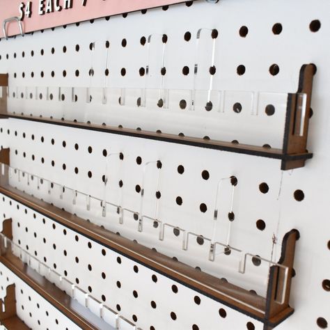 LaserCut Decor Studio Pegboard Display Craft Show, Sticker Display Ideas Retail, Diy Sticker Display, Patch Display Ideas, Sticker Display Ideas, Diy Craft Displays, In Store Signage, Pegboard Shelves, Bee Display