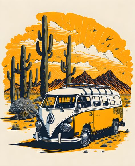 Step into the past with our mesmerizing T-graphic design featuring a vintage-style line art drawing of the beloved VW Minibus. Immerse yourself in the allure of the Navajo desert, where cacti stand tall against a stunning backdrop. Experience the vibrant colors, intricate oil painting effect, and hyper-realistic details that bring this iconic vehicle to life. Discover automotive artistry at its finest! 🚌🌵 #VintageCarArt #TGraphicDesign #DesertOasis #HyperRealism #AutomotiveNostalgia" Vw Minibus, Vw Art, Cactus Painting, Bakery Logo, Graphic Artwork, Vintage Vw, Hyperrealism, Line Art Drawings, Retro Art