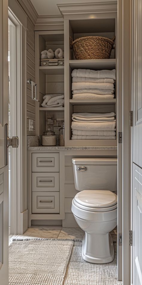 Bathroom Closet Organization Ideas, Hidden Shelves, Over Toilet Storage, Bathroom Closet Organization, Bathroom Storage Hacks, Closet Organization Ideas, Closet And Bathroom, Bathroom Storage Solutions, Bathroom Closet