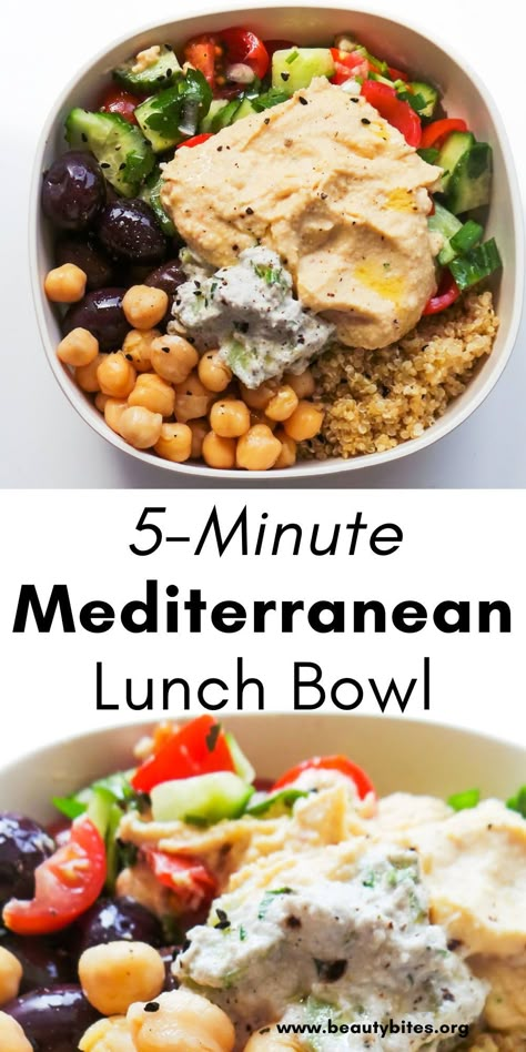 5-Minute Mediterranean Bowl! This is a quick and easy clean eating Mediterranean lunch recipe that you can assemble in 5 minutes. This delicious Mediterranean diet recipe is easy to meal prep, vegan and gluten-free! Clean Food Lunch Ideas, Metatrainan Recipes, Mediterranean Lunch Prep Ideas, Cheap Easy Mediterranean Meals, Mediterranean Diet Rice Recipes, Medditeranean Diet Lunch Ideas, Vegan Medditeranean Food Recipes, Meditterean Diet Recipes Vegetarian, Mediterranean Diet Gluten Free Recipes