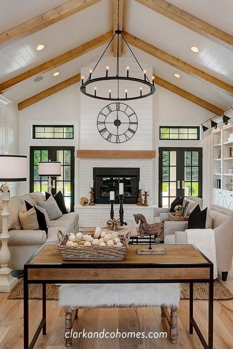 25 Modern Farmhouse Living Room Decor Ideas - Nikki's Plate Brick And Shiplap Fireplace, Brick And Shiplap, Vaulted Ceiling Living Room, Modern Farmhouse Living Room Decor, Farmhouse Living Room Decor Ideas, Shiplap Fireplace, Modern Farmhouse Living, Modern Farmhouse Home, Modern Farmhouse Living Room