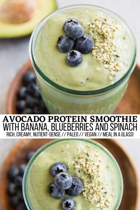 Blueberry Avocado Smoothie - Creamy Avocado Smoothie with blueberries, spinach, banana, protein powder, and a secret ingredient for a healthy complete meal in a glass! Digestion Smoothie, Spinach Avocado Smoothie, Blueberry Avocado Smoothie, Avocado Protein, Chocolate Avocado Smoothie, Avocado Smoothie Recipe, Smoothie Recipes Healthy Breakfast, Protein Smoothie Recipes, Banana Protein