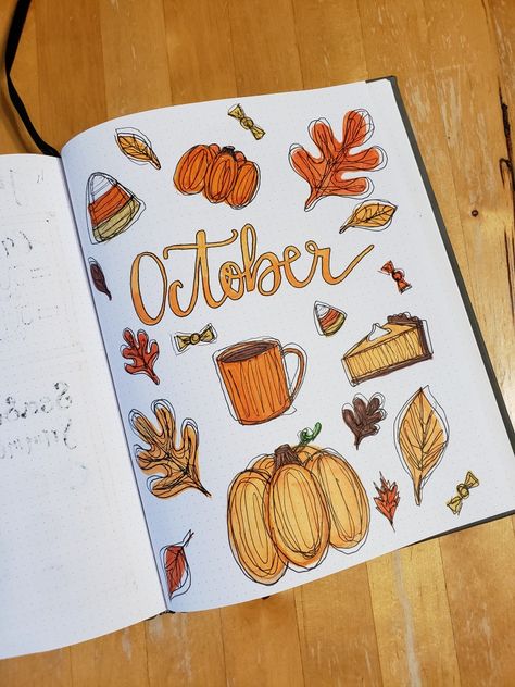 October Book Journal Spread, October Journal Cover Page, October Design Ideas, October Journaling Ideas, October Reading Journal Spread, October Notebook Ideas, October Journal Ideas Easy, Halloween Notebook Ideas, September Bulletin Journal Ideas