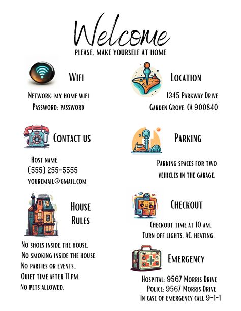 Quirky Airbnb, Airbnb Sign, Airbnb Welcome Sign, Welcome Card, Welcome Sign Template, Emergency Call, House Rules, In Case Of Emergency, Sign Templates