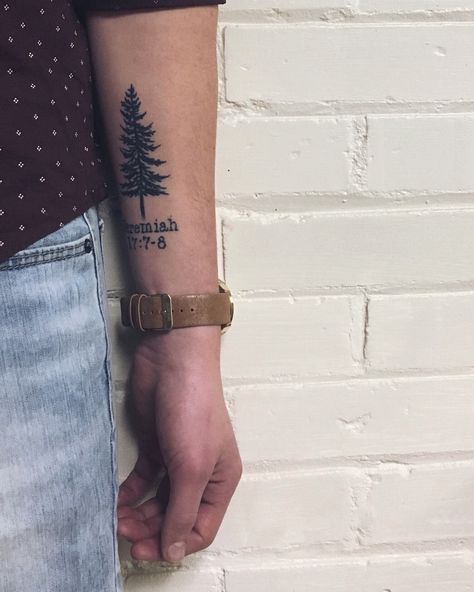 Christian pine tree tattoo Christian Tree Tattoo, Cross Tree Tattoo, Pine Tree Tattoo Men, Evergreen Tattoo, Tree Tat, Pine Tattoo, Tree Tattoo Ideas, Mens Body Tattoos, Tree Tattoo Men