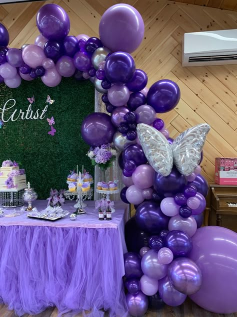 Purple Balloons garland and desert table Purple Balloons Birthday, Purple Desert Table Ideas, Sweet 16 Purple And Gold Theme, Shades Of Purple Party Decorations, Birthday Decoration Ideas Purple, 18th Birthday Purple Theme, 16 Shades Of Purple Party, Purple And Gold Themed Birthday Party, Purple And Gold Party Ideas