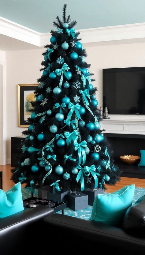 Tiffany Christmas Tree, Navy Blue And Silver Christmas Tree, Royal Blue Christmas Decorations, Black Theme Christmas, Black Christmas Tree Decorations, Christmas Tree Colour Scheme, Tree Decorating Tips, Tree Colour, Christmas Tree Blue