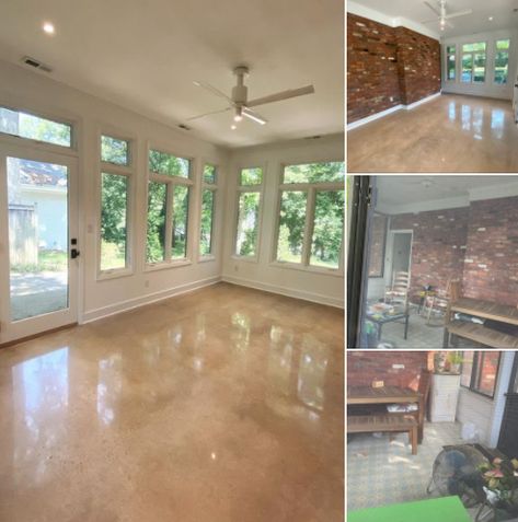 Concrete Floor Sunroom, Concrete Floor Screened In Porch, Four Seasons Room Flooring, Carport To Sunroom Conversion, Polished Cement Floors, Sunroom Renovation, Scored Stained Concrete Floors, Polished Cement, Polished Concrete Floor