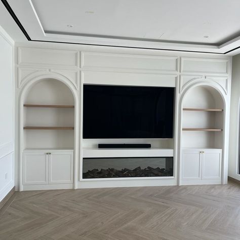 media wall with fireplace • Instagram Built In Tv Wall Unit For Bedroom, Tv Wall Built In Ideas Diy, Tv Unit Built In Tv Walls, Lounge Built In Tv Unit, Fireplace With Built In On One Side Only, Mcgee Tv Wall, Chimney Wall Shelves, Tv Wall With Built In Shelves, Tv Built In Vaulted Ceiling