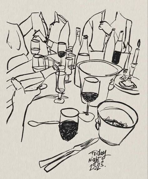 Dinner Party Drawing Illustration, Cocktail Party Illustration, Happy Hour Illustration, Family Dinner Drawing, Drink Illustration Graphics, Quiz Illustration, Supper Aesthetic, Dinner Table Drawing, Drawing On Table