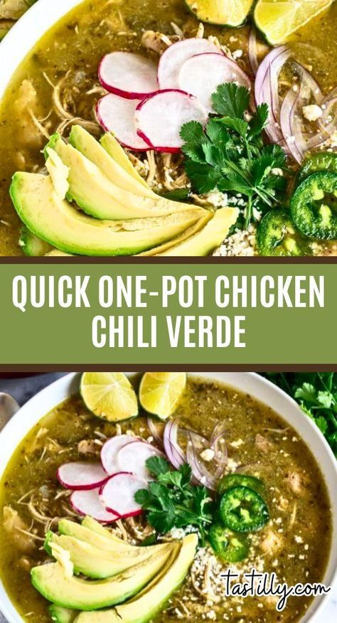 Tender and juicy chicken thighs are simmered in a tangy, slightly spicy tomatillo and poblano sauce for the best Chicken Chili Verde. You can serve it as is, with warm corn tortillas as meat for tacos, or over freshly made white rice. Top it with your favorite taco toppings! Best Chicken Chili, Meat For Tacos, Tomatillo Chicken, Tomatillo Recipes, Chicken Chili Verde, Juicy Chicken Thighs, Poblano Sauce, Green Chile Recipes, Mexican Soup Recipes