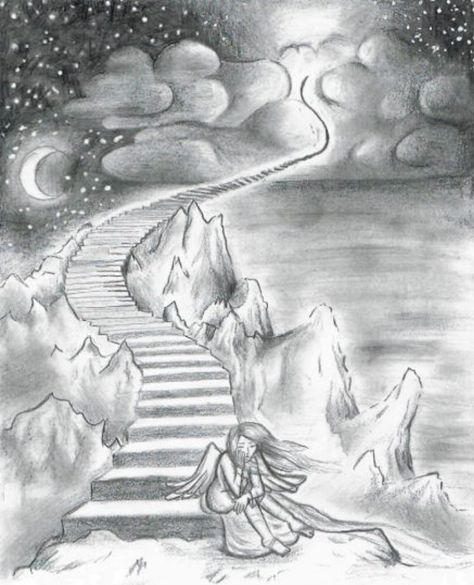 Pin by Julie Swatton on A4 | Drawings, Stairs to heaven tattoo, Stairway to heaven tattoo Stairs To Heaven Drawing, How To Draw Stairs Step By Step Easy, Heaven On Earth Tattoo, Heaven Drawing Easy, Heaven Vs Hell Drawing, Heaven Drawing Sketch, Stairway To Heaven Drawing, Heaven Sketch, A4 Drawings