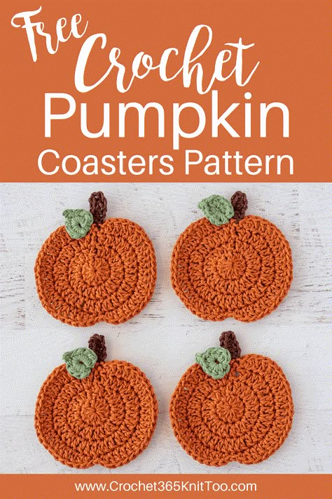 Darling crochet pumpkin coasters are a perfect crochet pattern for fall! #crochetpumpkincoasters #crochet coaster pattern #pumpkincoasterpattern #crochet365knittoo Easy Crochet Pumpkin Coasters, Diy Crochet Pumpkin Coasters, Crochet Pumpkin Scrubbies, Halloween Coaster Crochet Pattern Free, Pumpkin Hot Pad Pattern, Pumpkin Apliques Crochet, Quick Crochet Fall Projects, Thanksgiving Coasters Crochet, Pumpkin Potholder Crochet Pattern