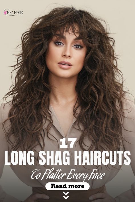 Thick curly hair can benefit from choppy layers that add movement and structure. The shaggy layers prevent the hair from feeling too dense, making it a great style for those with round or square face shapes. Shag Hair For Square Face, Shaggy Haircut For Round Face, Shag For Round Faces, Shaggy Curly Hair Long, Long Shag Cut, Shaggy Curly Hair, Long Layered Curly Hair, Long Shag Hairstyles, Curly Shag Haircut