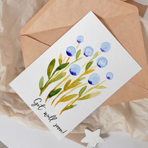 Get well soon minimal blue watercolor flowers card Watercolor Stationary, Painting Cards, Thank U Cards, Blue Watercolor Flowers, Watercolor Holiday Cards, Get Well Soon Card, Watercolour Card, Road To Recovery, Floral Cards Design