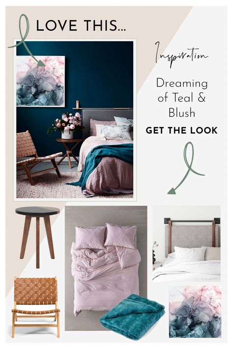 Teal And Lilac Bedroom, Teal Blue And Purple Bedroom, Blush And Teal Bedroom Decor, Teal Blush Bedroom, Teal And Blush Pink Bedroom, Teal Gray And Pink Bedroom, Teal And Blush Bedding, Teal Colour Bedroom Ideas, Dusty Pink And Teal Bedroom