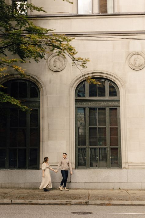 Downtown Couples Photoshoot, Downtown Photoshoot Couple, Vancouver Photoshoot, Photoshoot Downtown, Couples Inspiration, Couples Posing, Downtown Vancouver, Engagement Session Outfits, Out West