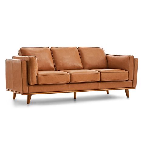 Tan Leather Couch, Cognac Leather Sofa, Leather Couches Living Room, Brown Leather Couch, Top Grain Leather Sofa, Mid Century Modern Sofa, Modern Couch, Mid Century Sofa, Living Room Couch