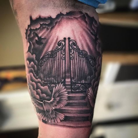 Heavens gates with doves and clouds on the inner arm. Black and grey tattoo. #tattoo #heaven Gb Tattoo, Gates Of Heaven Tattoo, Heaven Gates, Stairway To Heaven Tattoo, Religious Tattoo Sleeves, Fishing Tattoos, Heaven Tattoo, Austin Tattoo, Gates Of Heaven