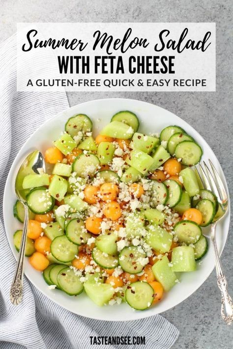 This Summer Melon Salad with Feta is the epitome of delicious summertime eating!  With fresh sweet cantaloupe and honey dew melon, English cucumbers, a little feta cheese, some hot pepper flakes and a simple honey / fresh lime juice dressing with extra virgin olive oil.  #TasteAndSee Honey Dew Melon, Cantaloupe Salad, Cucumber Feta Salad, Melon Recipes, Melon Salad, Honey Lime Dressing, Feta Cheese Salad, Salad With Feta, Fresh Salad Recipes