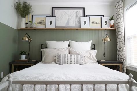 Bedroom Shelf With Lights, Half Green Bedroom Wall, Bedroom Ideas Shelf Above Bed, Bedroom Ledge Ideas, Diy Long Shelf Above Bed, Bedroom Feature Wall With Shelf, Bedroom Wall Shelves Above Bed, Airy Bedroom Ideas Cozy, Bedroom Open Shelving Storage Ideas