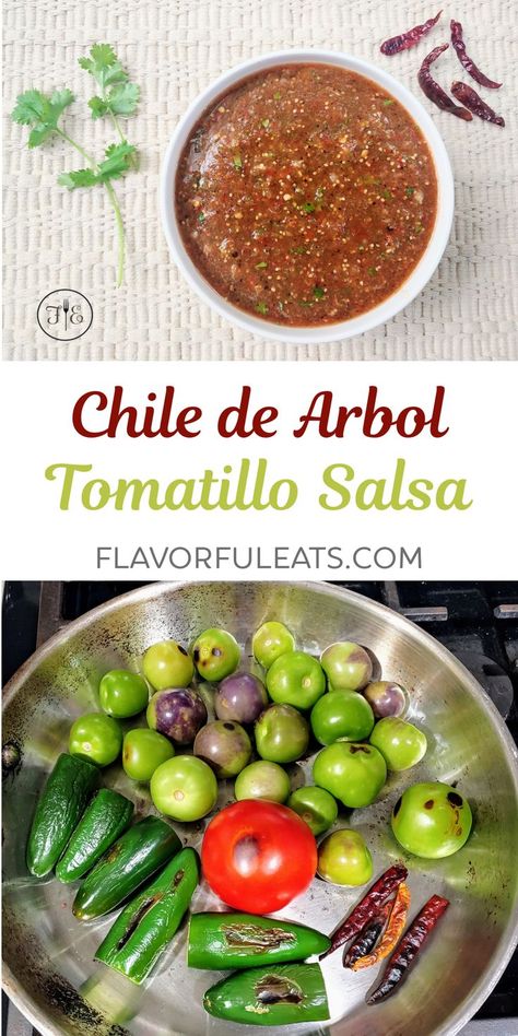 This Chile de Arbol Tomatillo Salsa recipe combines the great spicy, smoky flavor from dried chile de arbol and the tang of tomatillos with other fresh ingredients for the ultimate homemade salsa! Chile Arbol Salsa, Chile Arbol Salsa Recipe, Chili Arbol Salsa Recipe, Tomatillo Hot Sauce, Spicy Tomatillo Salsa, Dried Chili Salsa, Salsa With Dried Chiles, Tomitillo Recipes Salsa, What To Do With Tomatillos